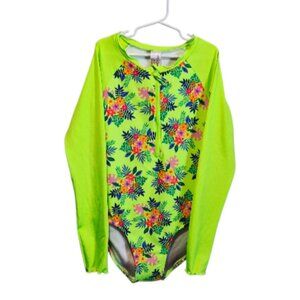 Cat & Jack Girls  Aloha Floral One Piece Rashguard Lime Green XL(14)